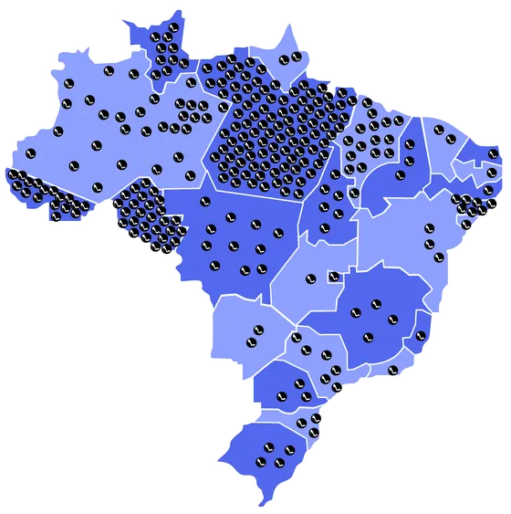 Mapa do Brasil com as microfranquias SDL espalhadas por todos os estados